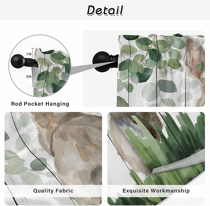 Easter Kitchen Curtains, Country Rabbit Botanical Leaves Wooden Grain Light