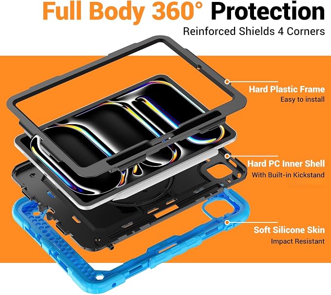 for iPad Pro 11 inch Protective Case M5 2025/M4 2024: Heavy Duty Shockproof Case with Pencil Holder - 360°Rotating Handle/Stand - Screen Protector - Shoulder Strap Black/Sky Blue