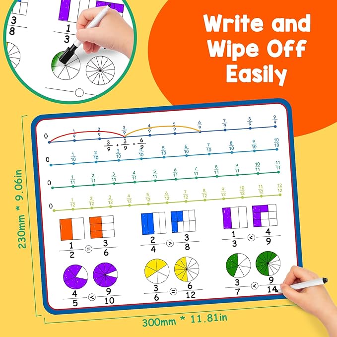 Aizweb 12 Pack Fraction Manipulatives Dry Erase Board,12"x9" Fraction Number Line Bars,Montessori Math Manipulatives Games Flash Cards for 4th-8th Grade Kids,Homeschool Classroom Teaching Supplies