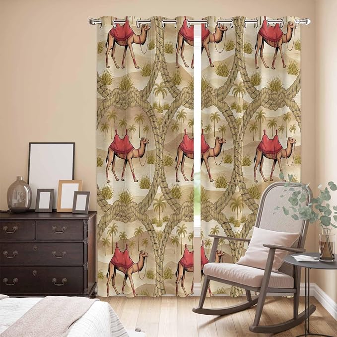 2 Panel Kitchen Cafe Curtains, Desert Camels Sunlight Filtering Nature Air