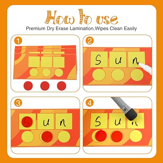 Sound Box Mats and Chips 24 Pcs Dry Erase Mats and 84 Pcs Chips Phonemic Awareness Games Phonics Reading Games Ezread Sound Box Kit(Bright Style,Cardboard)