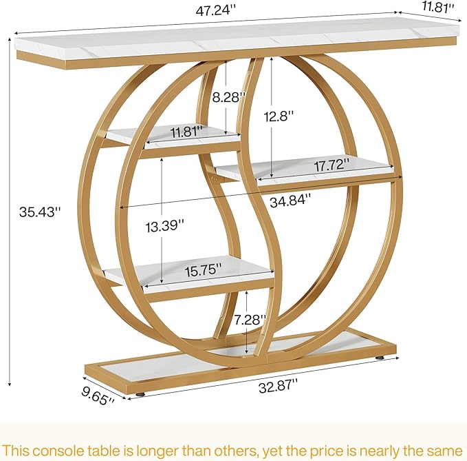 Tribesigns 47.24" Industrial Console Table, 5-Tier Entryway Table with Adjustable Feet, Narrow Long Sofa Table with Storage Shelves for Living Room, Hallway, Behind Couch, Anti-Tip Design (White Gold)