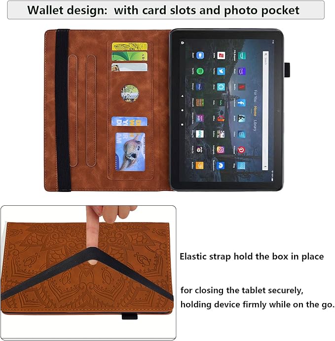 for Kindle Fire HD 8 Tablet (only Fits 10th Generation) &amp Fire HD 8 Plus 8 Case 2020 with Stand/Pencil Holder/Card Pocket/Elastic Band Embossed PU Leather Floral Cover Brown Peacock Flower