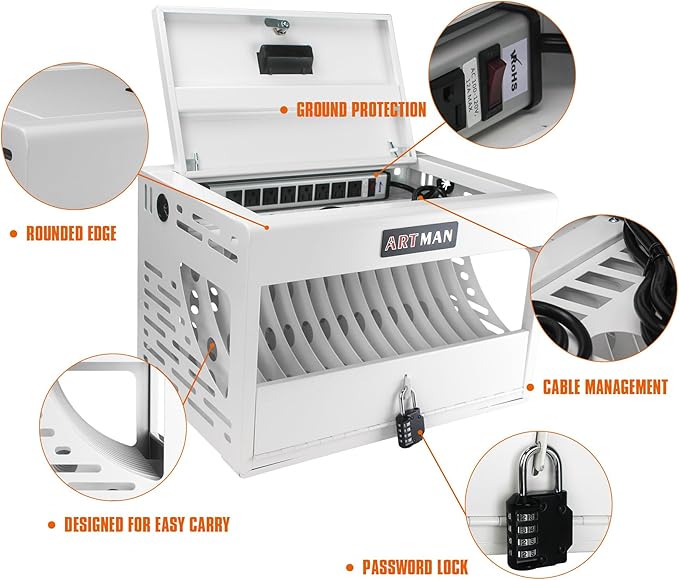16 Device Wall-Mount Charging Station for Laptops/Tablets/iPads/Chromebooks,16 Bay Lockable Charging Cabinet with Power Strip for Classroom,School Storage Charging Cabinet，Fully Assembly(16 Bay-White)