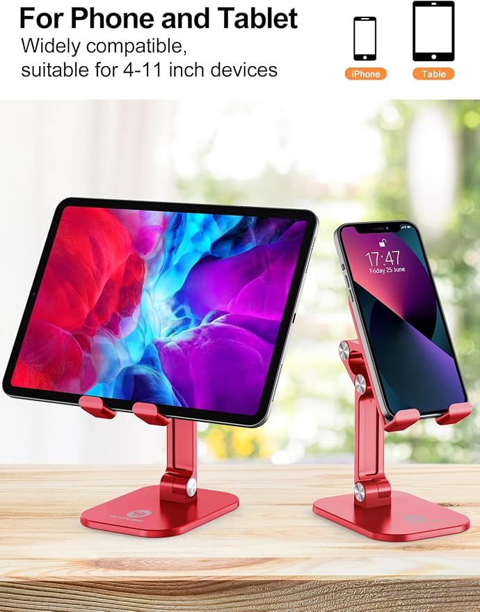OCYCLONE Phone Stand Adjustable Height and Angle Foldable Cell Phone Stand Holder for Desk Taller iPhone Stand Compatible with 4.7-13 Smartphones iPad Tablet Beige