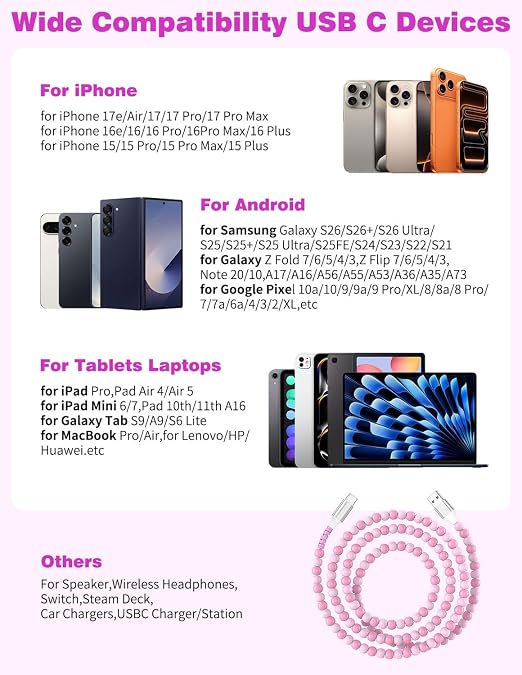 Jelanry 3FT USB-A to USB-C Fast Charging Cable Beaded &ampData Sync Women Girl | Cute kawaii beaded cable for iPhone 17/16/15 Samsung S26/S25/S24 Pixel iPad Fast charge for daily use office &amp tra