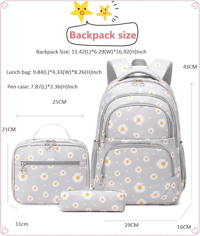 3Pcs Daisy Backpack for Girls with Lunch Box Kids School Bag with Lunch Bag Bookbag for Elementary School