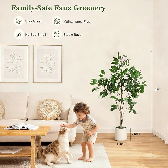 4FT Ficus Trees Artificial Indoor, Faux Silk Plant with Natural Wood Trunk and Lifelike Fruits, White Imitation Ceramic Planter with Green Fake Moss for Modern Home Office Living Room Decor