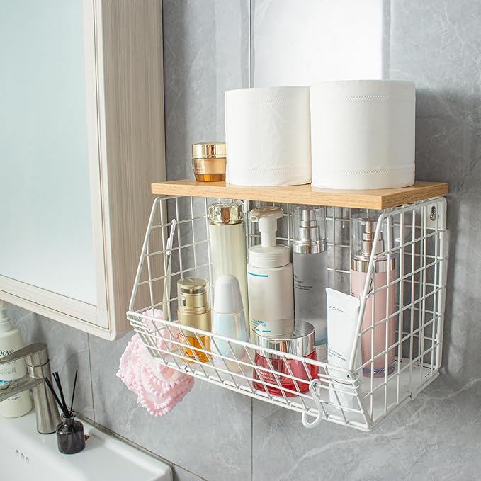 White Fruit Bowl Wire Basket Storage Pantry Fruit and Vegetable Storage Fruit Basket for Kitchen Counter Stackable Wall Mounted Hanging Basket Wire Basket with Wood Lid with Hanger Hooks