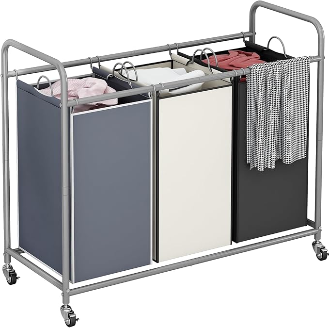 LINZINAR 3-Bag Laundry Basket Sorter Laundry Hamper Cart with Heavy Duty Rolling Lockable Wheels and Removable Bags (Assorted)