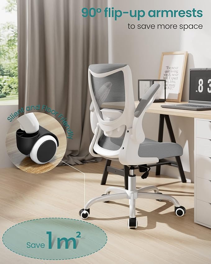 Office Chair, Ergonomic Desk Chair with Adjustable Lumbar Support and Flip up Armrest, Breathable Mesh Computer Chair for Home Office, Gray