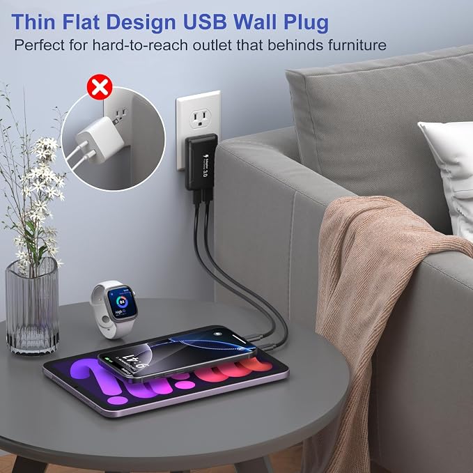 Slim Flat USB C Wall Plug OKRAY 50W Ultra-Thin&ampFoldable Dual USB Charger | PD30W USB-C+USB-A Fast Charging Block Multiport Travel Power Adapter for iPhone 17 Air 16 15 14 13 12 ProiPadGalaxy S2