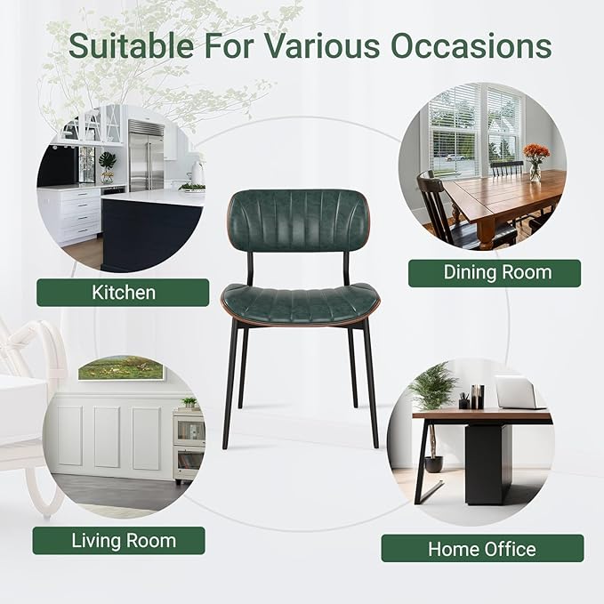 Mid Century Modern Dining Chairs Set of 6,Upholstered Faux Leather Kitchen Chairs with Walnut Bentwood Back and Metal Legs for Kitchen Dining Room Living Room, Green