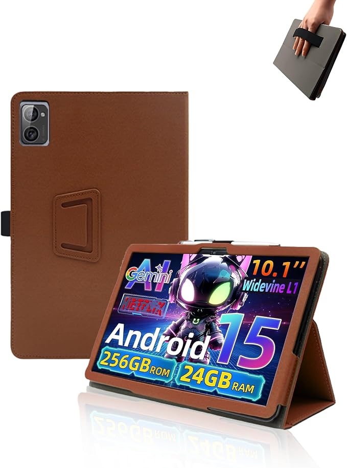 Case for VekfulPC T20 Tablet 10 Inch Android 15 TabletUYRUREL Leather Slim Folding Stand Cover with Hand Strap Magnet for Men Women Full ProtectionBlack.