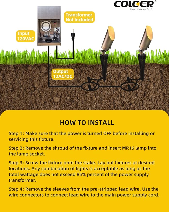 COLOER Brass Landscape Spotlights,12 Pack Spotlight Fixture Outdoor with 5W Aluminum Housing MR16 LED Bulb 2700K 450LM,12V AC/DC Low Voltage Landscape Lighting, Uplight for Garden and Patio(103B)