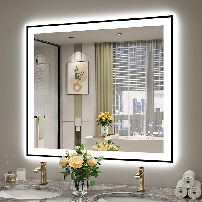 YEELAIT 40x36 Inch LED Bathroom Mirror with Lights (Front Lit and Backlit) Black Framed Lighted Vanity Mirror for Bathroom Wall Dimmable Anti-Fog Memory Tempered Glass Horizontal/Vertical