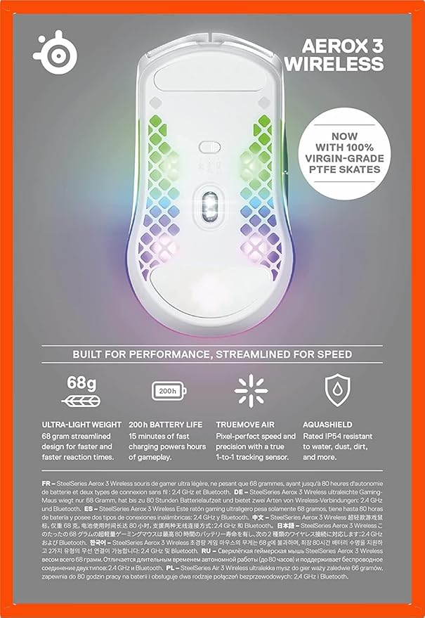 SteelSeries Aerox 3 Wireless - Super Light Gaming Mouse, 18,000 CPI TrueMove Air Optical Sensor, Bluetooth Cordless/Wireless PC Gaming Mice for Computer and Laptop, Water Resistant, Snow (Renewed)