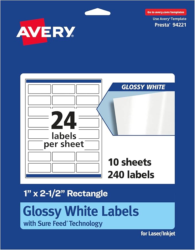 Avery Glossy White Rectangle Labels, Sure Feed Technology, 1" x 2.5", 240 Glossy White Labels, Permanent Adhesive, Laser/Inkjet Printable