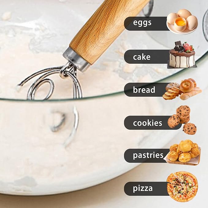 TEEVEA Danish Dough Whisk Stainless Steel Wooden Handle for Sourdough Bread