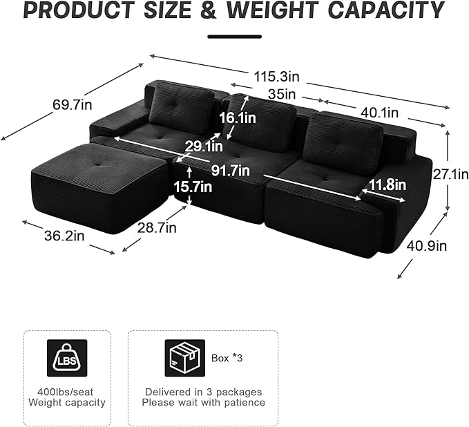 115" Modern Compressed Boneless Couch with Ottoman, 3 Seater Large L Shaped Sectional Couches for Living Room, Black Corduroy Cloud Modular Sectional Sofa, Memory Foam, Extra Deep, No Assembly