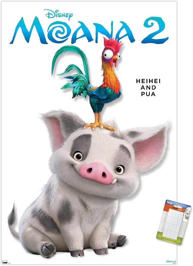 Disney Moana 2 - Heihei and Pua Feature Series Wall Poster, 22.4L" x 14.7W", Premium Poster & Mount Bundle