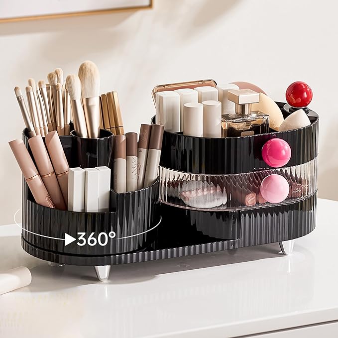 Makeup Organizer Countertop for Vanity with 360° Rotating Brush Holder, 3 Layer Cosmetic and Jewelry Storage, Makeup Display Case for Skincare&Perfume, Black