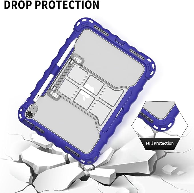 iPad (A16) 11th Generation 2025 11-inch/10th Generation 2022 10.9-inch Protective Case Silicone Shockproof Case with Screen Protector Pencil Storage Slot Shoulder Strap Handle Stand (A-Blue)
