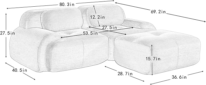 80" Modern Corduroy Boneless Love Seat Couches with 1 Ottoman, 2 Seater Large Sectional Couches for Living Room, Gray Cloud Modular Sectional Sofa, Memory Foam, Extra Deep Loveseat, No Assembly