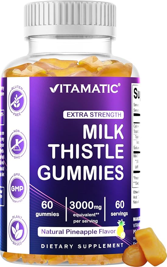 Vitamatic 2 Pack Milk Thistle Gummies- 10000 mg Equivalent Per Serving (from 50:1 Extract 200 mg)- Liver Detox & Anti Oxidant Health - Min. 80% Silymarin Flavonoids - 60 Pectin Based Gummies