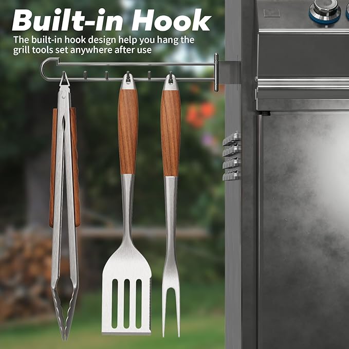 ENLOY Heavy-Duty Rose Wooden Barbecue Grilling Tools Set, Stainless Steel
