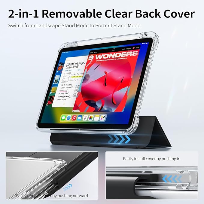Hybrid Case for iPad Pro 11 Inch 4th/3rd/2nd Generation (2022/2021/2020) with Pencil Holder 2 in 1 Detachable Cover with Clear Transparent Back Shell Support 2nd Gen Pencil Charging Black