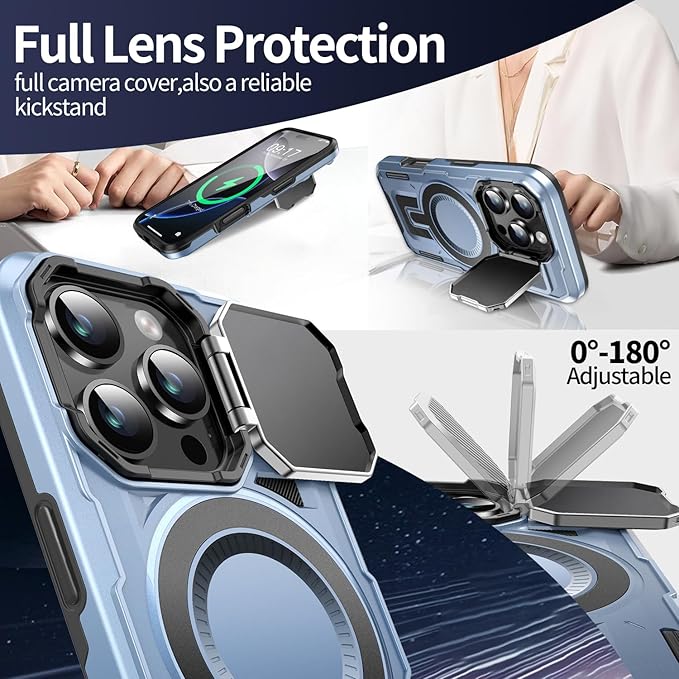 Camera Stand Case for iPhone 16 Pro Max, [Compatible with MagSafe] [Lens Cover] 2024 Version Military Grade Protective Soft Case for iPhone 16 Pro Max 6.9 inch Men Women, Blue