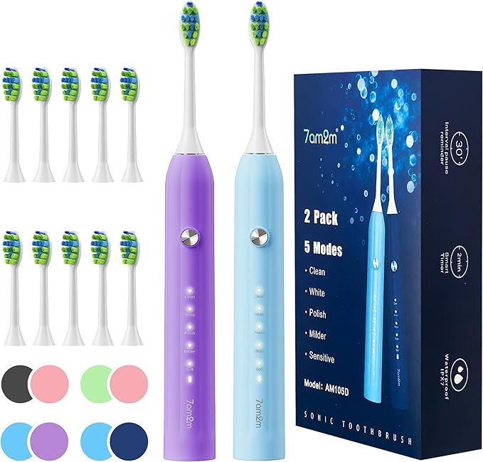 7AM2M Rechargeable Sonic Electric Toothbrush 2 Pack, Soft Toothbrushes for Adults and Kids with 12 Brush Heads, IPX7 One Charge Use for 90 Days, 5 Modes with 2 Minutes Build in Smart Timer