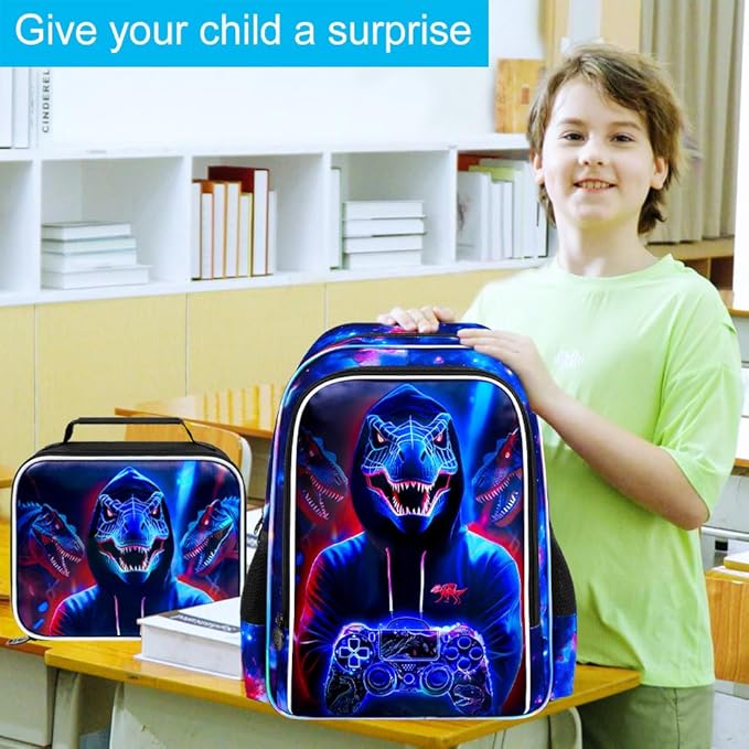 gxtvo 3PCS Kids Dinosaur Game Bookbag, 17" Boys Dino Backpack with Lunch Box, Water Resistant Middle Elementary School Bag - Dinosaur Game