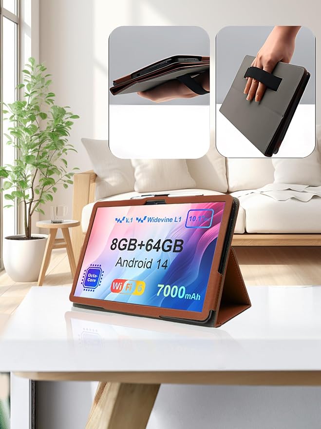 for AWOW UTBook_14 Android 10 inch Tablet CaseFolding Stand Protective Cover with Pencil Holder and Wrist StrapFull Protection Premium PU Scratch Resistant(Black)