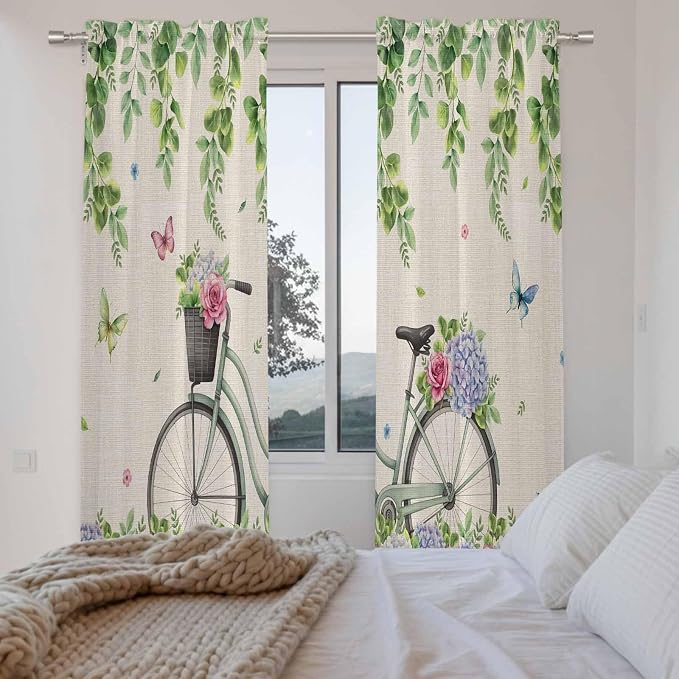 Farmhouse Spring Kitchen Curtains, Retro Bicycles Flowers Vines Butterfly Light