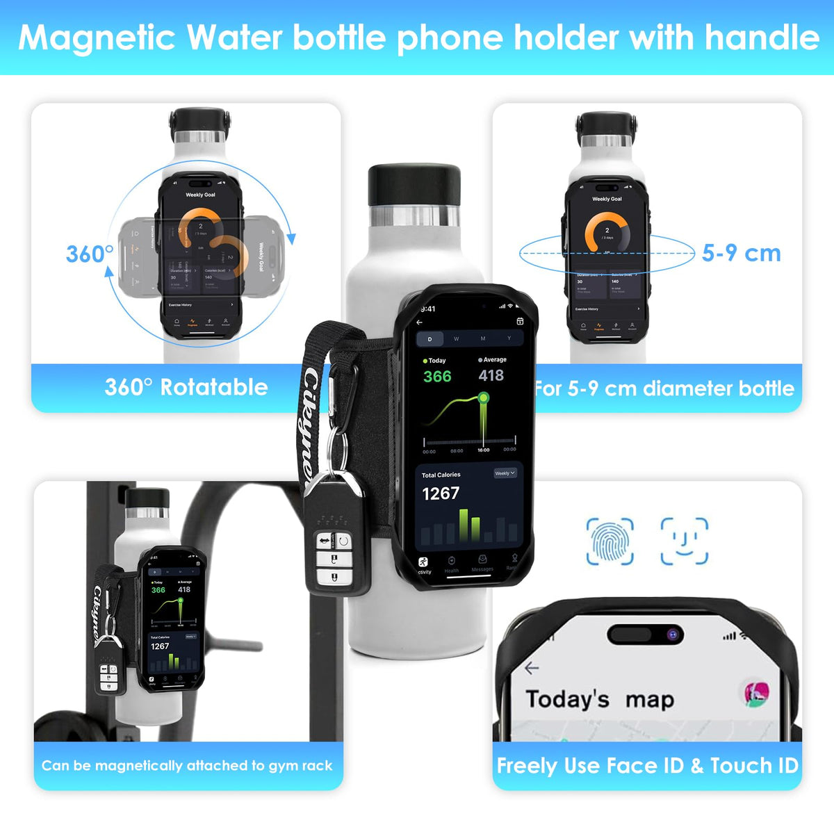Cikyner Magnetic Water Bottle Holder Strap, with Handle, 360° Rotatable
