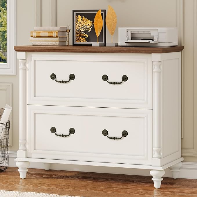 Farmhouse Lateral File Cabinet 2 Drawers File Cabinet for Legal/Letter/A4 Size Hanging Files, Large Wood File Storage Cabinets Printer Stand for Home Office Cabinet, White
