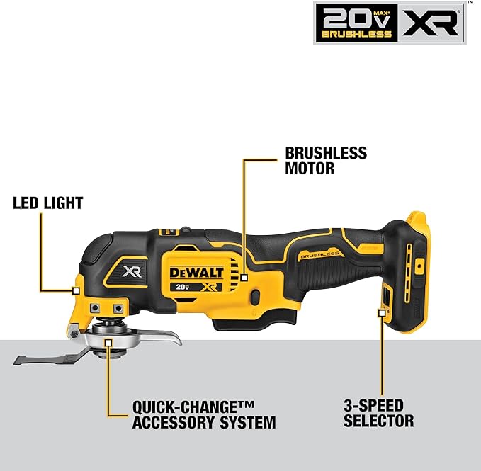 DEWALT 20V MAX XR Oscillating Multi-Tool Cordless, Variable Speed Brushless Motor Multitool with LED Light, Extended Runtime, Includes Two Wood Cutting Blades, Tool Only (DCS356B)