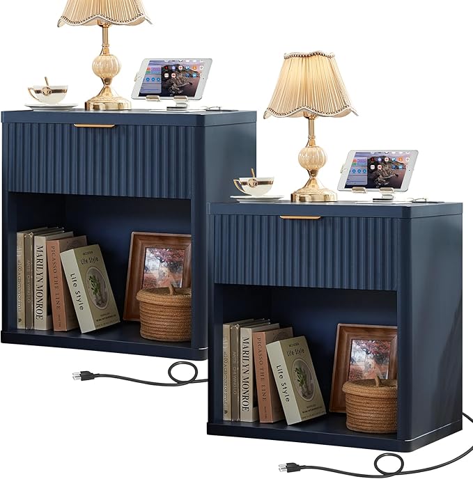 LEYAOYAO Fluted Farmhouse Nightstand Set of 2 with Charging Station, 23" Wide 1 Drawers End Table,Blue Dresser for Bedroom,Bed Side Table Chest of Drawers Cabinet,Wood Night Stand for Living Room