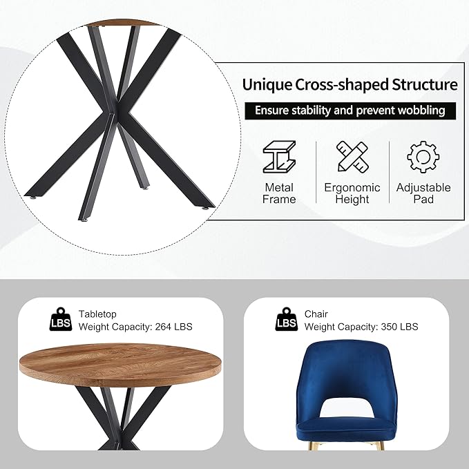 NORDICANA 5-Piece Dining Table Set for 4 - Space Saving 37-Inch Round Table and Chairs, 4 Seaters Dining Set with Upholstered Dining Chairs (Navy Blue)