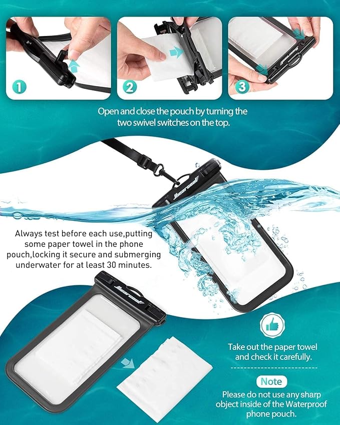 Hiearcool Universal Waterproof Phone Pouch Compatible for iPhone 16 15 14 13 Pro Max Plus Up to 8.3", IPX8 Beach Travel Essentials-Black&Purple-2Pack