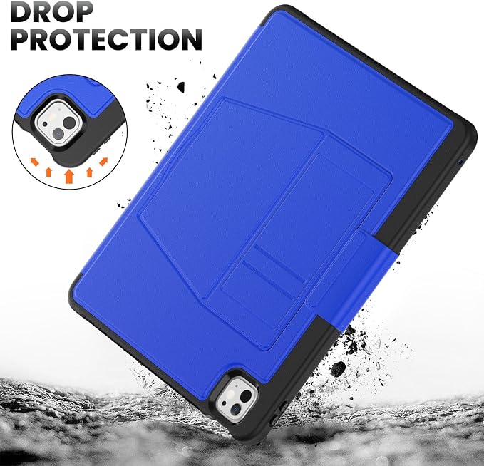 for iPad Pro 11 inch Protective Case M5 2025/M4 2024: Heavy Duty Shockproof Case with Pencil Holder - 360°Rotating Handle/Stand - Screen Protector - Shoulder Strap Black/Sky Blue