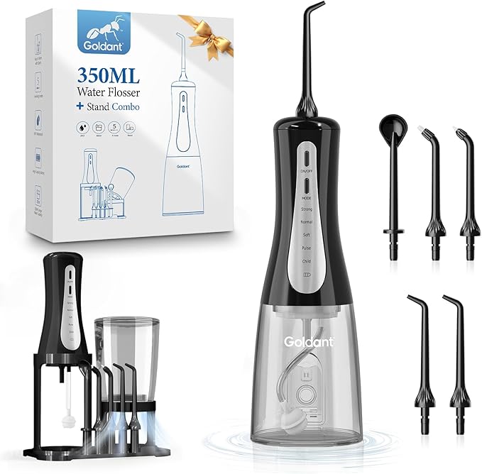 GOLDANT 350ML Water Flosser with Drainage & Storage Stand, Keeps Dry & Clean, 5 Modes, 360°Nozzle, Cordless Rechargeable, IPX7 Waterproof, Portable for Home & Travel (Black)