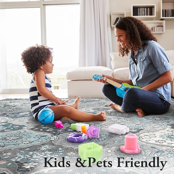 Lahome Moroccan Trellis Washable Rugs 9x12, Soft 9x12 Area Rug for Living Room Bedroom, Ultra-Thin Non-Slip Non Shedding Distressed Throw Large Carpet for Dining Room Office, Blue
