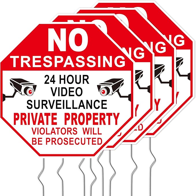 NO Trespassing Signs Private Property Video Surveillance Sign, Large 4-Pack 10"x10" Double-Sided Signs, Corrugated Plastic, Metal Stakes, Outdoor Yard Sign for Home and Front Door Land, and Garden, Lawn