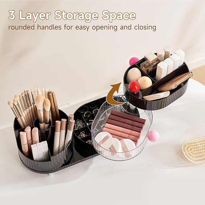 Makeup Organizer Countertop for Vanity with 360° Rotating Brush Holder, 3 Layer Cosmetic and Jewelry Storage, Makeup Display Case for Skincare&Perfume, Black