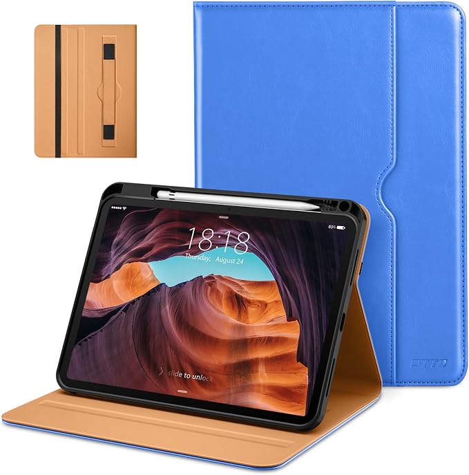 DTTO for iPad (A16) 11th Generation 11-inch &amp 10th Gen Case Brown | Premium Leather Business Cover with Pencil Holder Hand Strap &amp Pocket Corner Protection Auto Sleep/Wake for Work &amp