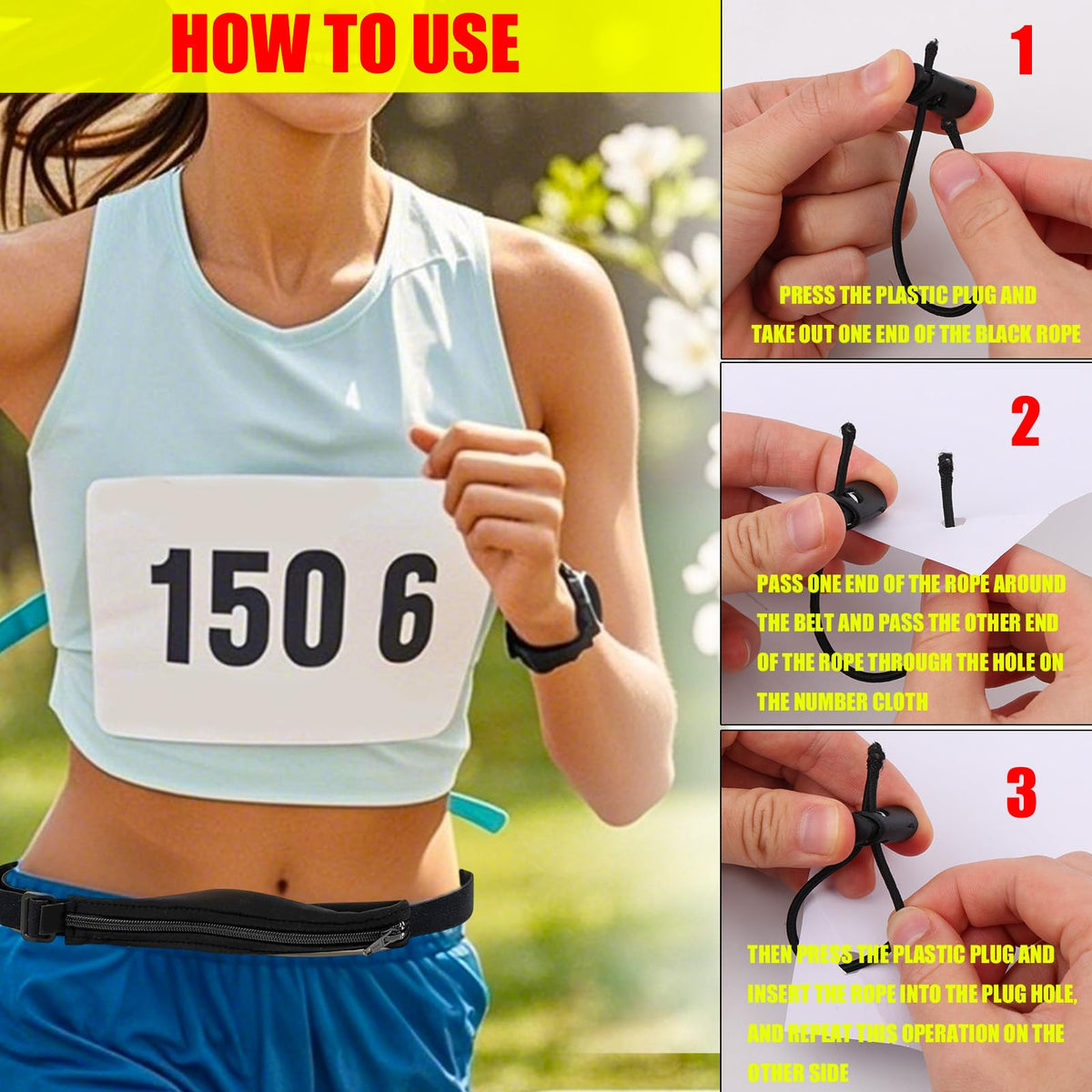 Gosknor 8pcs Bib Holder for Runners, Black Race Bib Toggles Clip Pins Boards Snaps Running Number Fasteners Belt for Marathons Essentials Accessories