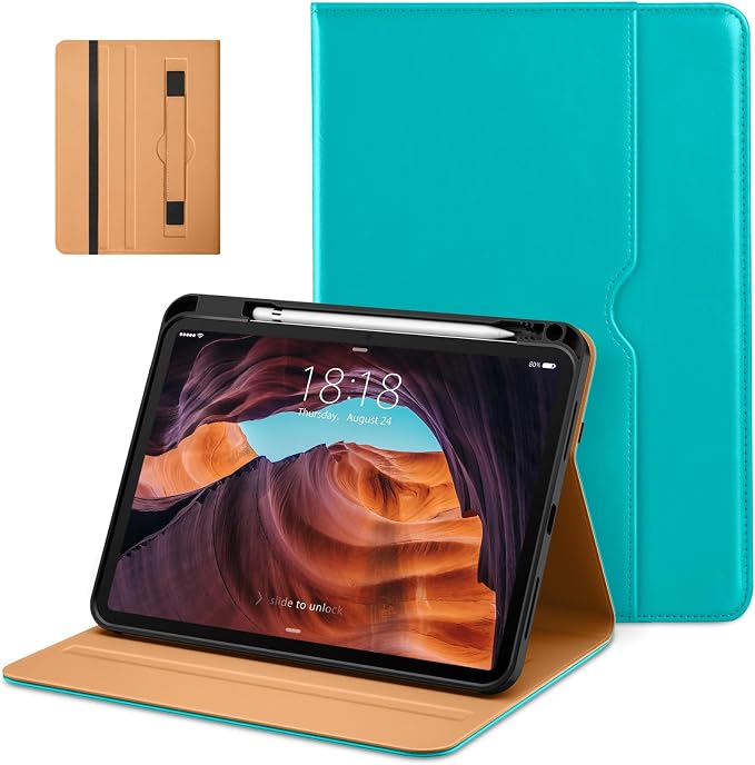 DTTO for iPad (A16) 11th Generation 11-inch &amp 10th Gen Case Brown | Premium Leather Business Cover with Pencil Holder Hand Strap &amp Pocket Corner Protection Auto Sleep/Wake for Work &amp